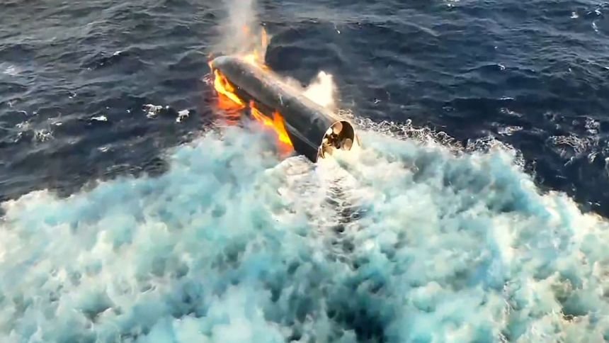 The SpaceX Starship is seen floating in the Indian Ocean after splashdown on July 24.