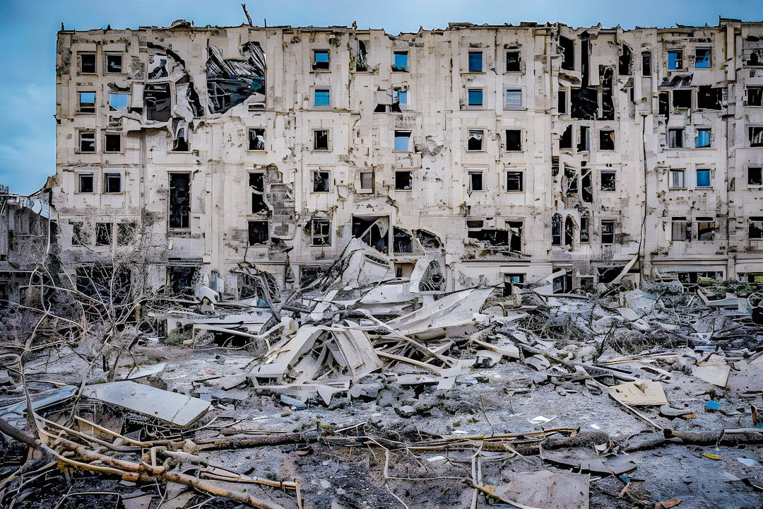 Damaged urban building illustrating the impact of attacks on civilians in Ukraine
