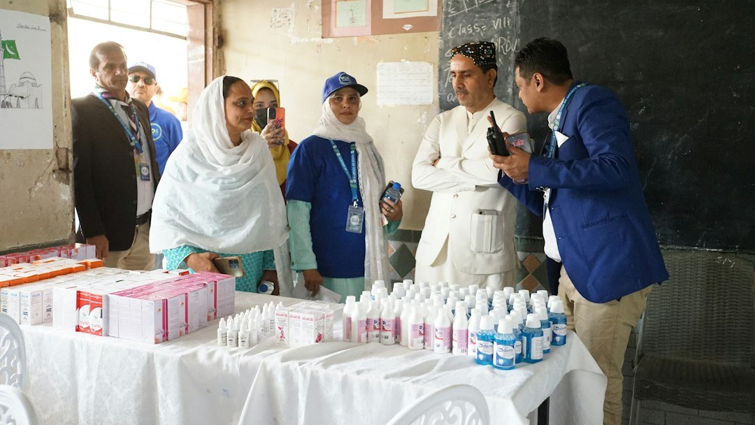 Humanitarian health workers preparing essential assistance