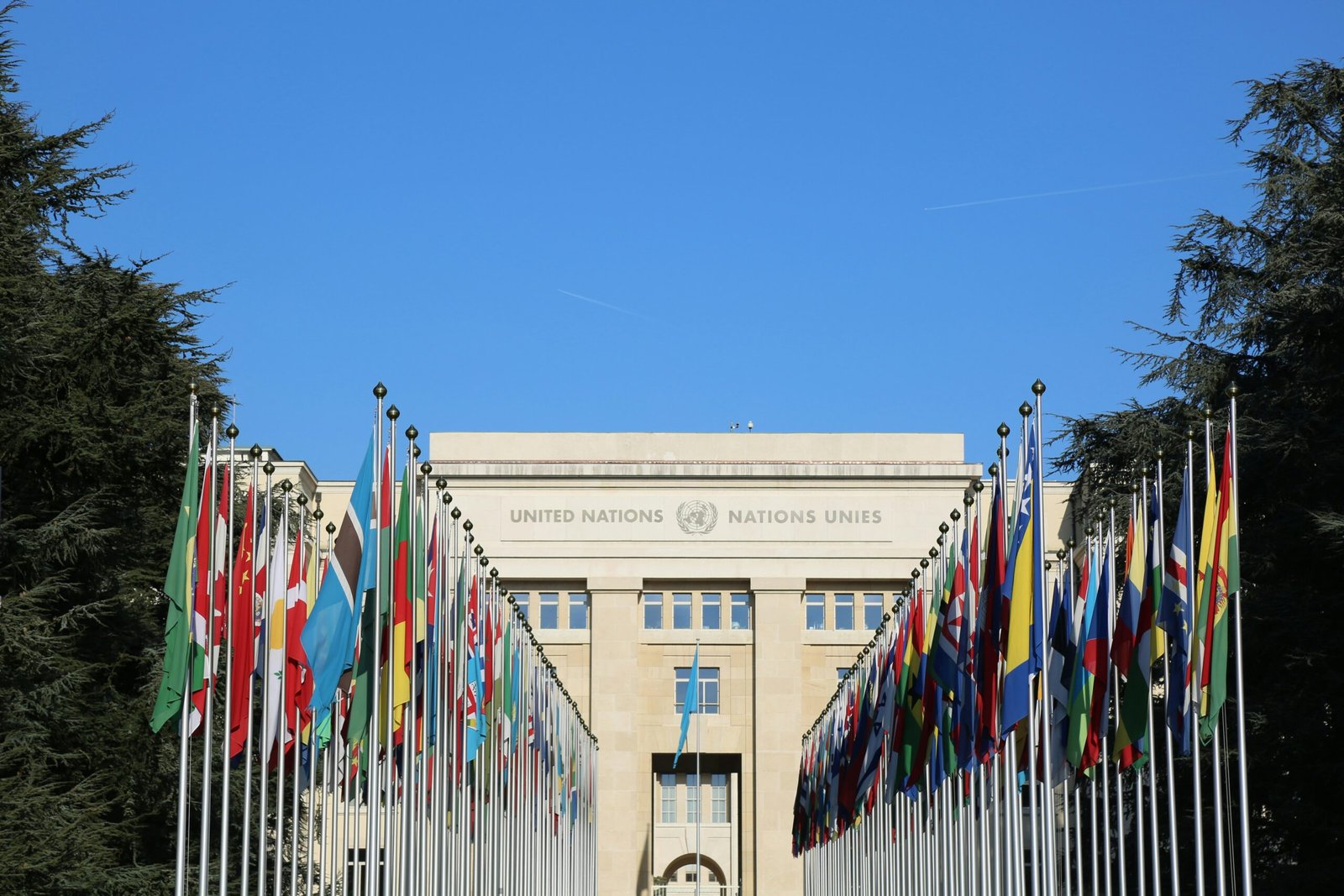 National flags outside an international institution, illustrating UN diplomacy