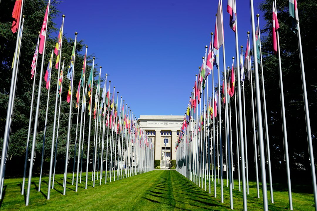 Flags outside an international institution, illustrating UN diplomacy