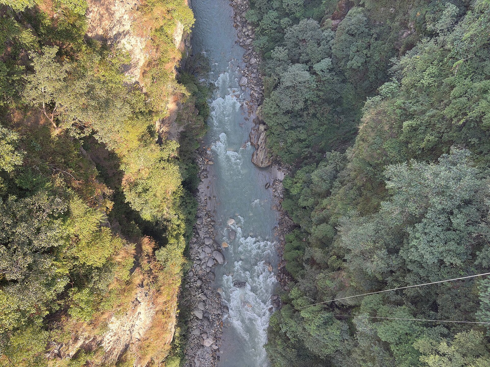 The Bhotekoshi River flowing through a forested gorge in Sindhupalchowk District, Nepal